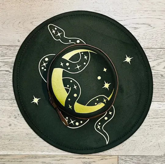 Olive Snake Moon Vegan Felt Flat Top Wide Brim Hat