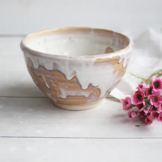Handcrafted White and Ocher Yunomi Tea Cup, 12 oz., Made in USA