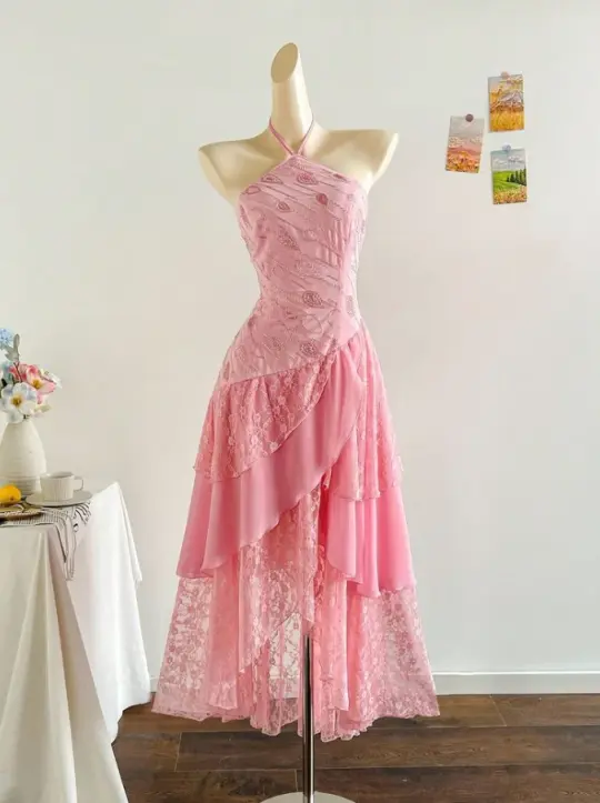 Charming Pink Prom Dress,A-Line Halter Chiffon Corset Maxi Party Dress RS1047