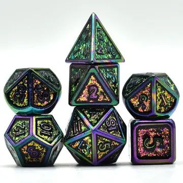 Glittering Color Shift Metal Dice Set – 7-Piece Magenta Green Rainbow Trim Zinc