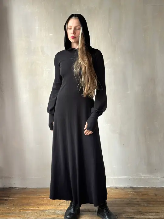 "Temple" Maxi Dress w/Hood in Black (In-Stock)
