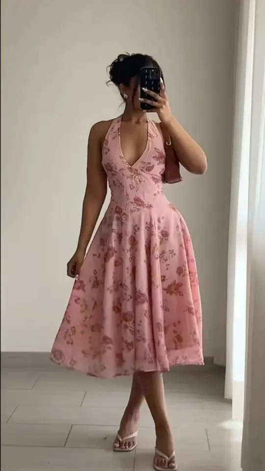 Pink floral halter neck slim waist slimming A-line slim elegant long skirt homecoming dress R3942