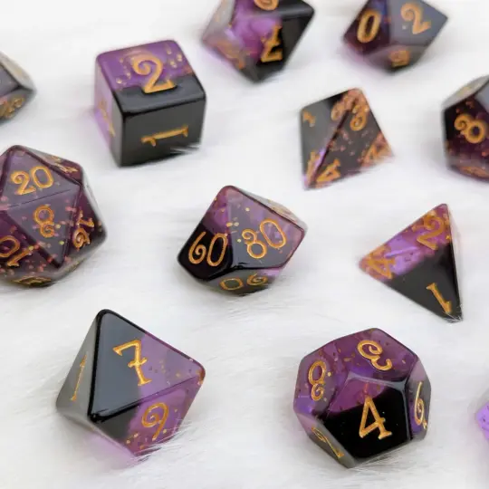 Shadow Magic Dice Set – 7-Piece Layered Purple Black Gold Glitter DnD Dice | Fennek & Finch