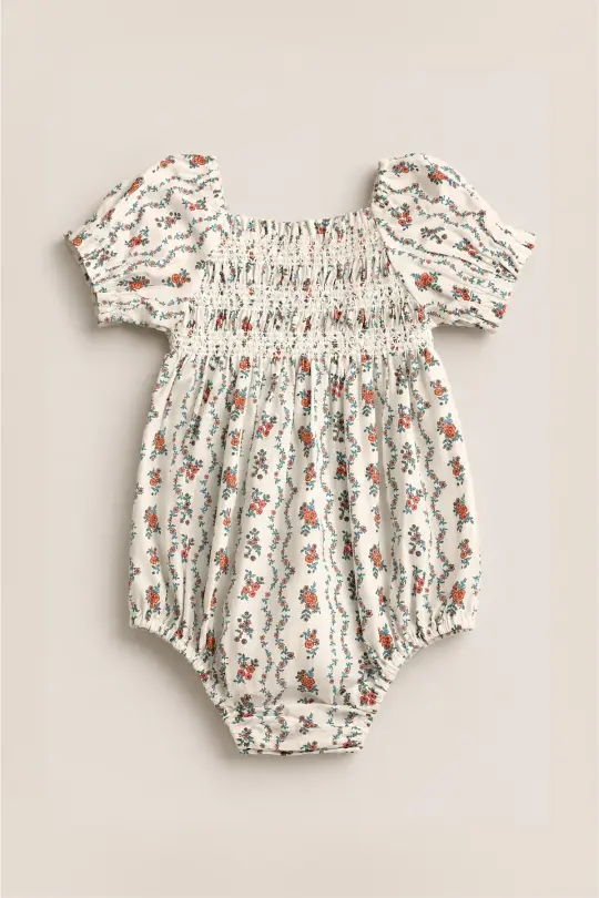 Baby Sunday Best Romper in Linear Poppy Woodblock