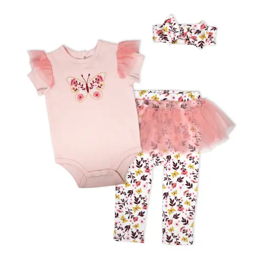 Baby Mode Baby Girls 3 Piece Butterfly Tulle Leggings Set, 3-6M