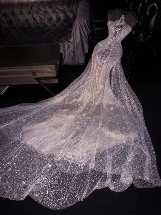 Silver sequined sleeveless fitted waist bodycon mermaid skirt long ball gown/bridal dress R8709