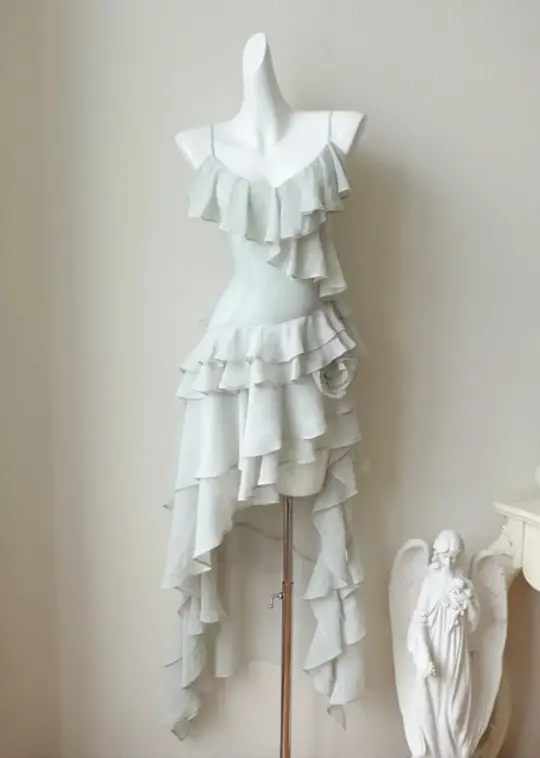 Fresh Ivory Ruffled A-Line Spaghetti Straps Corset Hi-Lo Prom Dress RS799