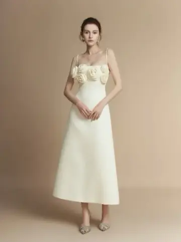 Apricot halter neckline three-dimensional flower high waist A-line elegant long dress homecoming dress R4837
