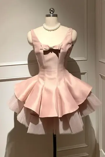 Cute Pink A-Line Spaghetti Straps Tiered Corset Mini Prom Dress Homecoming Dress RS363