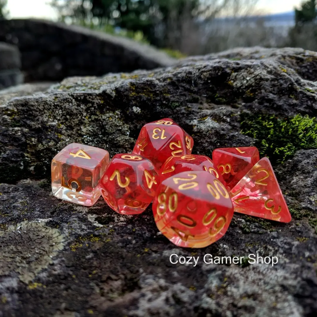 Fire Flick Dice Set – 7-Piece Transparent Red Ink Suspended Acrylic DnD Dice