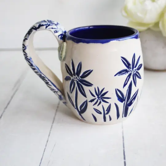 Gardeners Coffee Cup, Hand Carved Pottery Mug, Handmade in USA