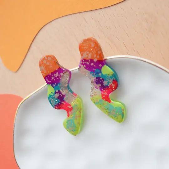 Orange and Green Neon Abstract Wavy Squiggle Resin Stud Earrings