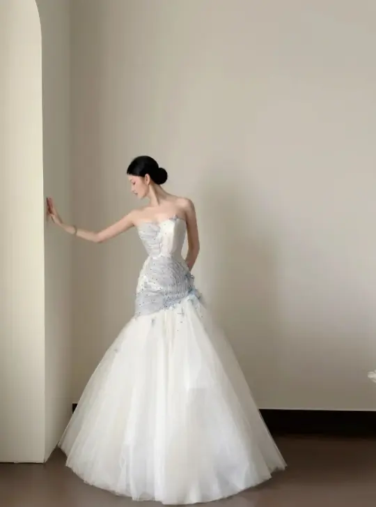 Dreamy Tulle Sequins Prom Gown White Women's Maxi Evening Dress Birthday Dress RS2773