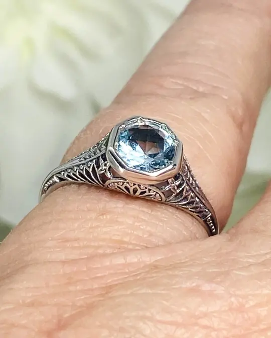 Sky Blue Topaz Dandelion Ring, Size 7, Simulated Gemstone, Sterling Silver Filigree Victorian Jewelry #D205 - Ready to Ship