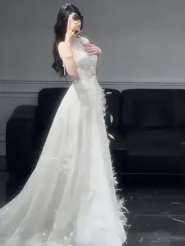 Sparkly White Prom Gown , Feather Decor Elegant Corset Maxi Evening Dress RS1486