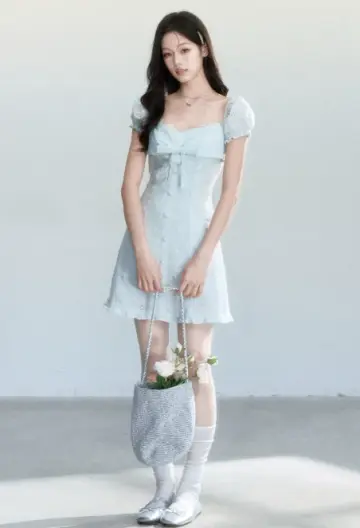 Light Blue Eyelet Embroidery Mini Dress Women With Lace Trim And Bow Detail R9405