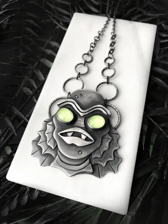 Huge Silver Creature Necklace with Glowing Quartz Eyes