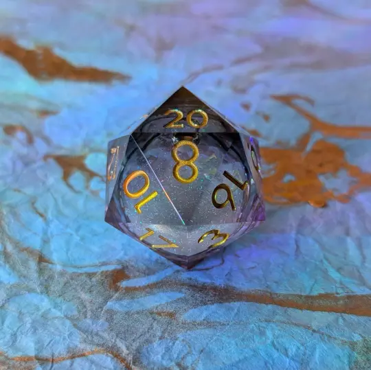 Night Castle Liquid Core D20 – 1.5" Purple Black Gold Font Large Die