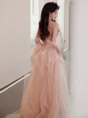 Sweet Blush Pink Prom Dress ,A-Line Sweetheart Sequins Corset Maxi Princess Dress Evening Dress RS1012