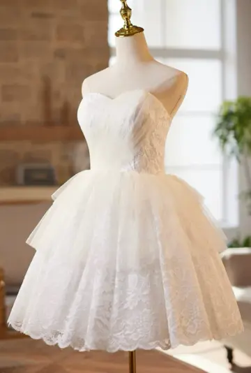 Minimalist White Lace A-Line Strapless Corset Mini Birthday Dress Homecoming Dress RS445