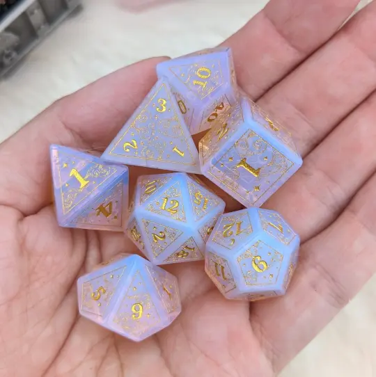 Dreamy Glowing Pink Opalite Dice Set – Cloud and Moon Engraved Glass Dice | Fennek & Finch