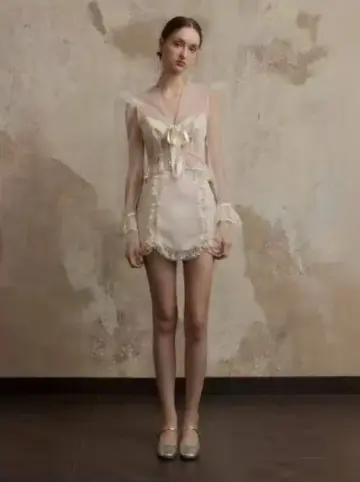 Brown suspender see-through jacket with lace patchwork hip-hugging cute short skirt homecoming dress R4762