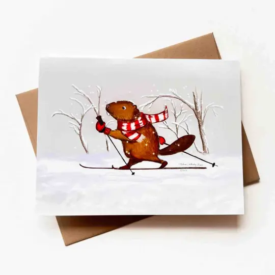 Skiing Beaver Card, Wholesale 6 Pack