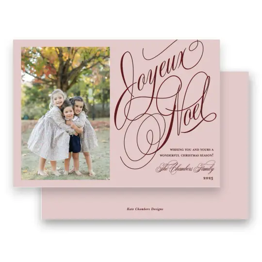 Blush Pink and Maroon Script "Joyeux Noel" Landscape Holiday Card