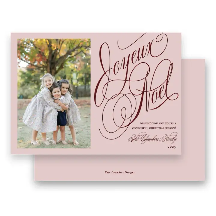 Blush Pink and Maroon Script "Joyeux Noel" Landscape Holiday Card