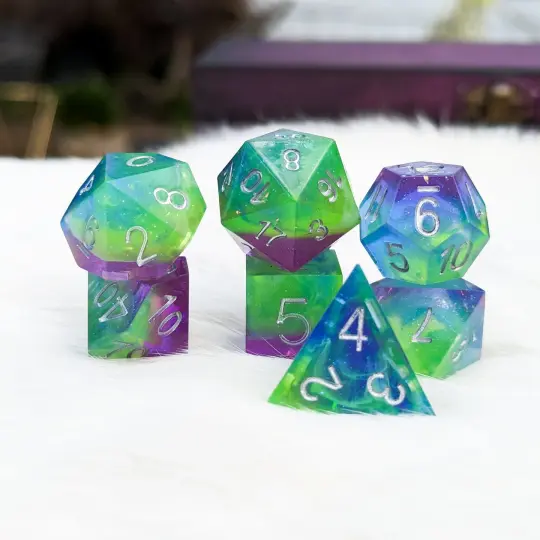 Aurora Sharp Edge Dice Set – 7-Piece Purple Blue Green Borealis DnD Dice