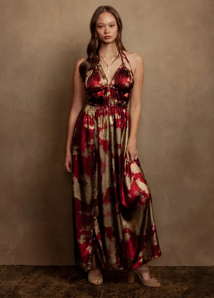 Gail Dress in Gold/Crimson