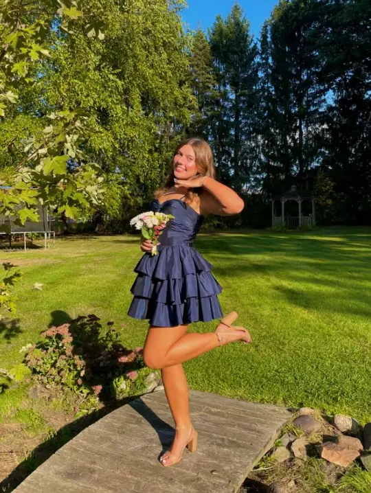 Girlish Ruffled Silky Women's Homecoming Dress Navy Corset Short Prom Dress Party Dress RS2879
