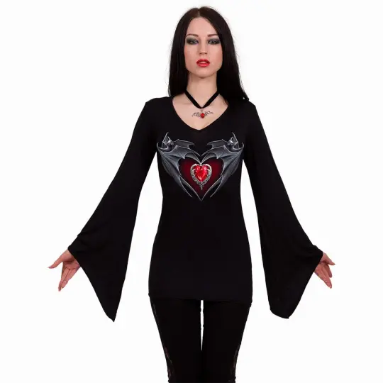 BAT'S HEART V Neck Goth Sleeve Top Black