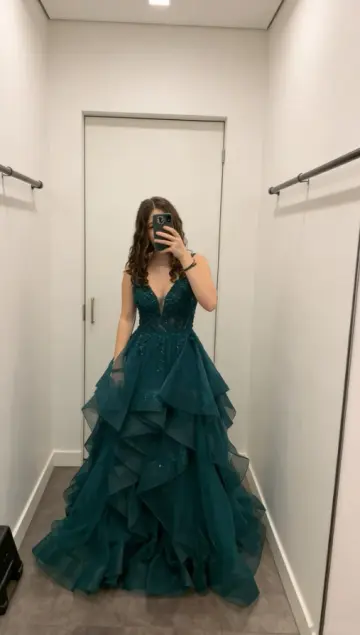 Ruffled Tulle Puffy Corset Prom Gown , Bud Green Women's Maxi Evening Dress RS2530