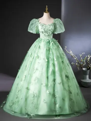Eelgant Green Prom Dress ,A-Line Square Puff Sleeves Corset Maxi Evening Dress RS903
