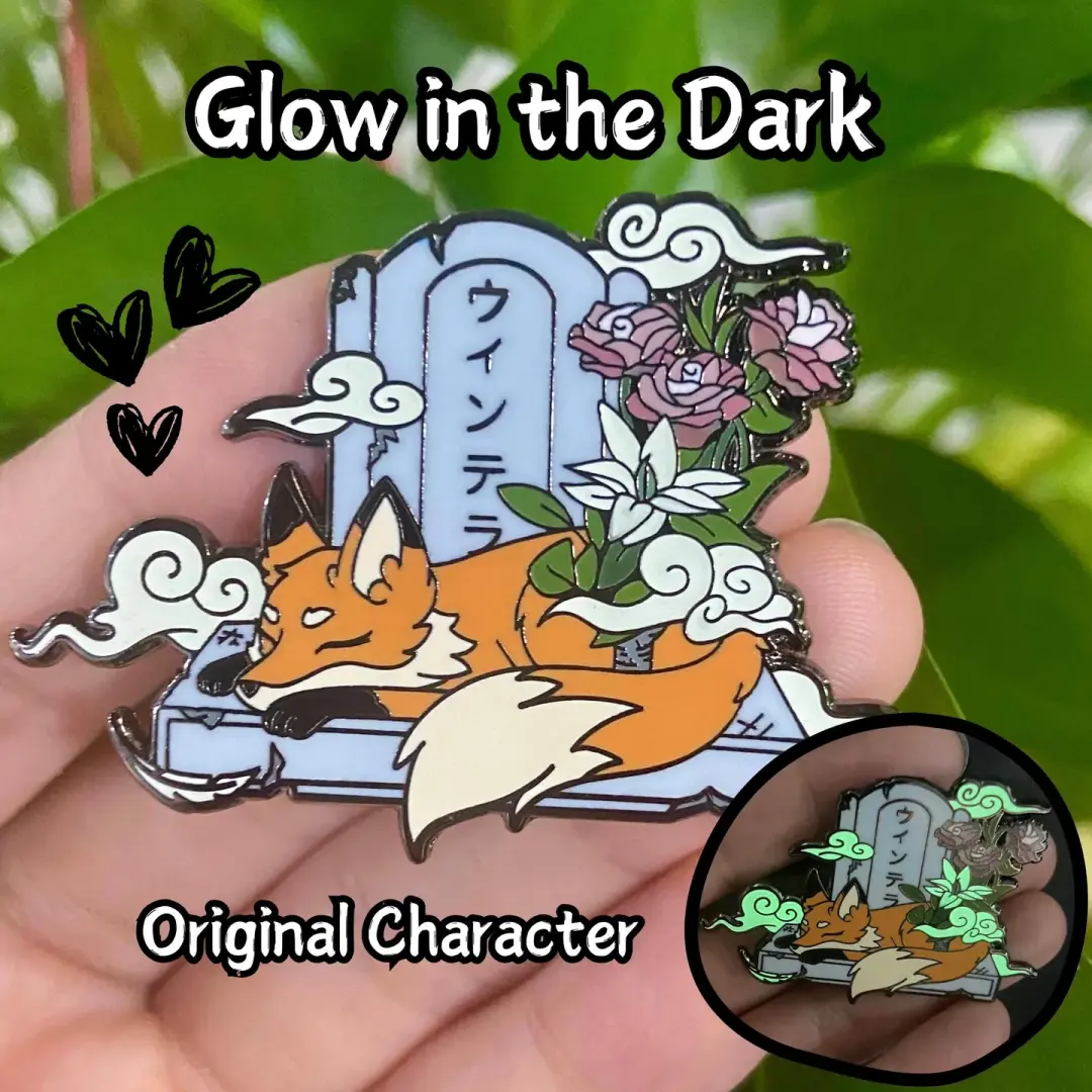 Glow In The Dark Tombstone Fox Hard Enamel Pin | 2” Black Nickel | Original Art