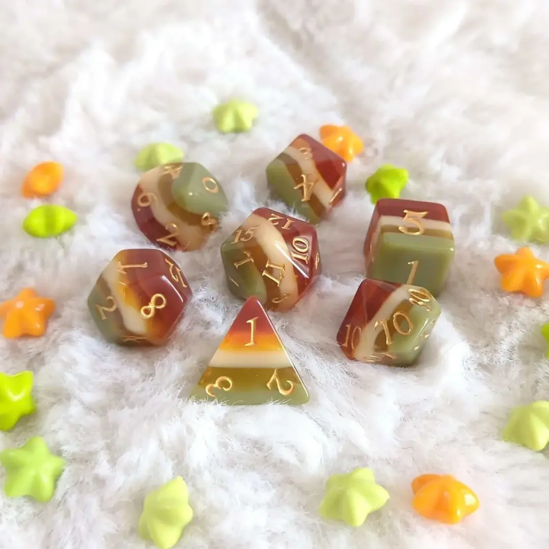 Autumn Arbor Dice Set – 7-Piece Fall Layered DnD Dice | Gold Font | Fennek & Finch
