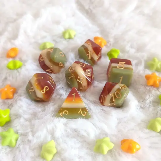 Autumn Arbor Dice Set – 7-Piece Fall Layered DnD Dice | Gold Font | Fennek & Finch