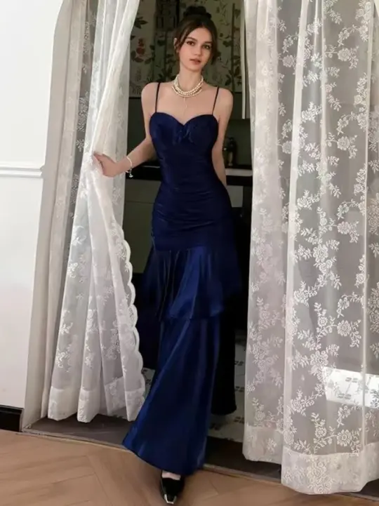 Silky Satin Bodycon Prom Gown ,Elegant Navy Maxi Evening Dress Cami Dress RS2006