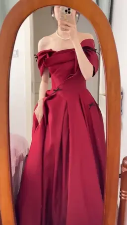 Elegant Burgundy Prom Dress ,A-Line Off-the-shoulder Bow Decor Corset Maxi Evening Dress RS1010