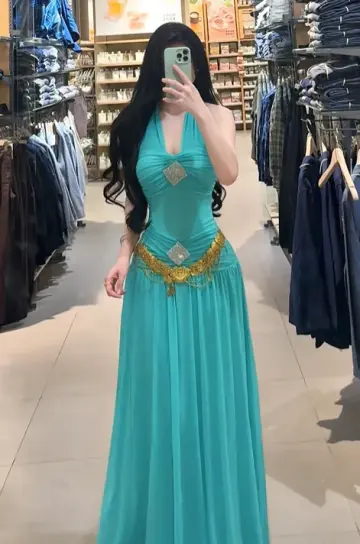 Lake blue halter neck sexy fitted waist long ball gown R7903