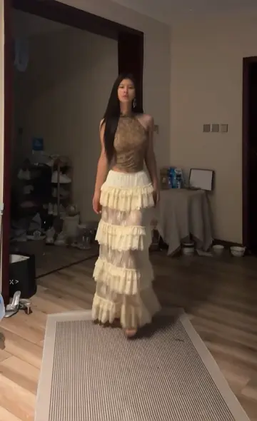 Brown top, sexy tiered skirt, long ball gown R8087