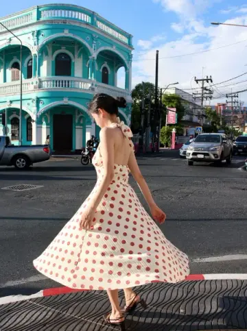 Retro White A-Line Halter Red Polka Dots Maxi Prom Dress Summer Dress RS641