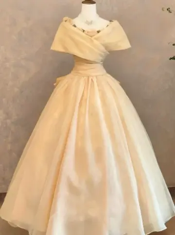 Elegant Pastel Yellow Prom Gown , Pretty 3D Floral Tulle Maxi Evening Dress RS1338
