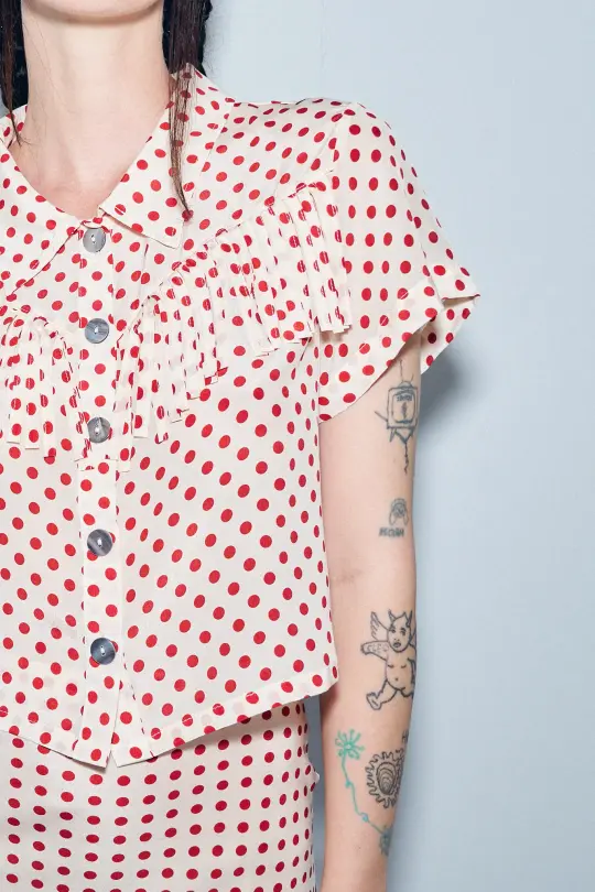 5 left - Silk Fringe Blouse Red Polka Dot