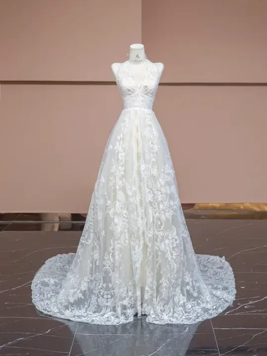 Off-white halter neck fitted waist long lace ball gown, elegant wedding dress R8331