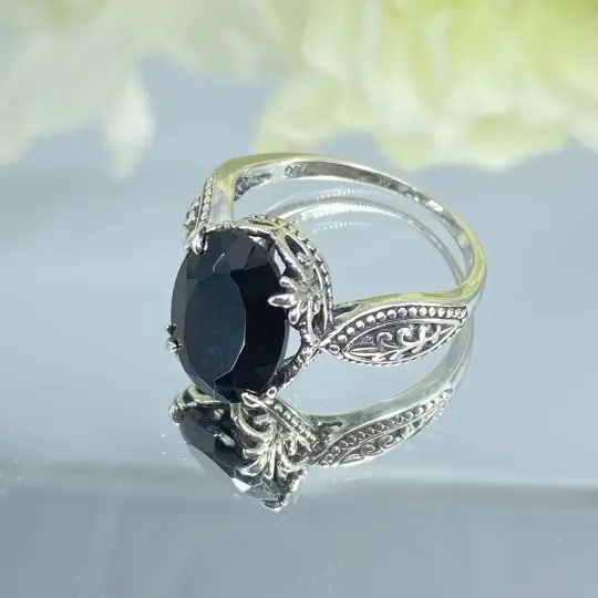 Black Onyx Ring, Size 7.5, CZ Gem, Dragon Gothic Jewelry #D133 - Ready to Ship