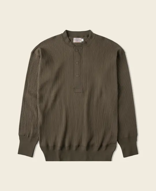 Ribbed Long Sleeve Henley T-Shirt - Olive Brown
