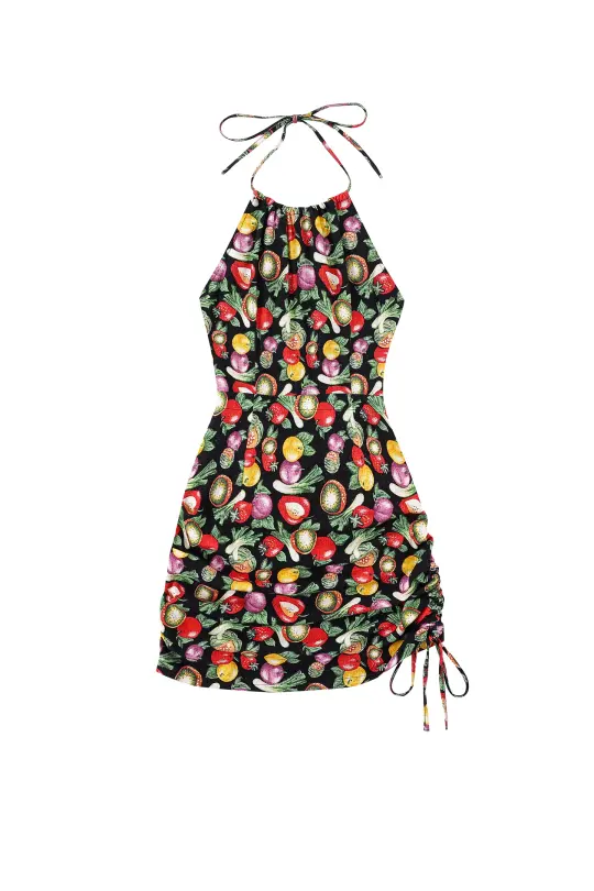 3 left - Cinch Tie Halter Dress Soft Linen Vegetable Medley