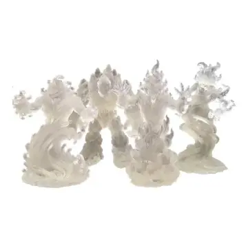 Unpainted 28mm 3D-printed clear resin earth, water, fire and air elementals grouped together, tabletop RPG miniature set for D&D, Pathfinder & wargaming